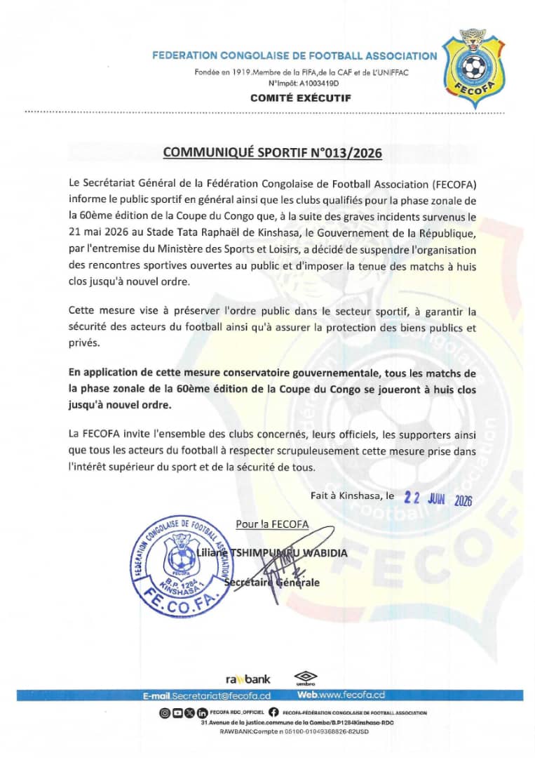 Coupe du Congo : la FECOFA annonce le huis clos pour tous les matchs de la phase de zones